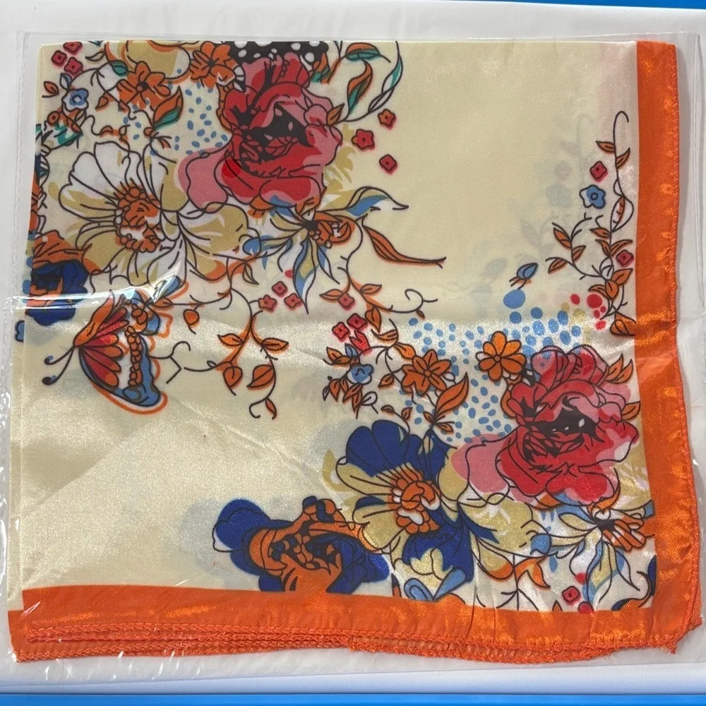 Nicole Floral Silk Scarf with Orange Trim